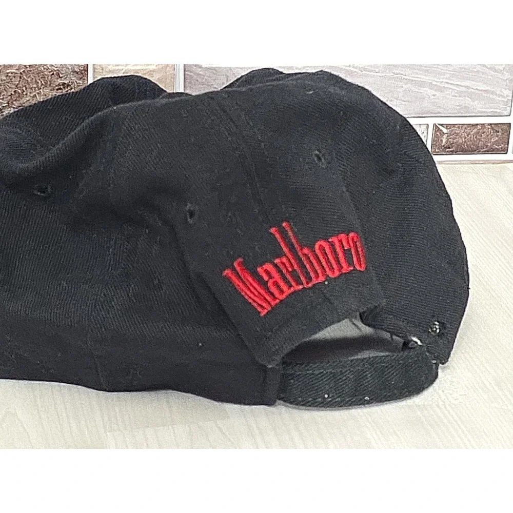 Vintage 90s Black Red Strapback Hat Cowboy Cigarette Brand Men's Ball Cap - Picture 14 of 16